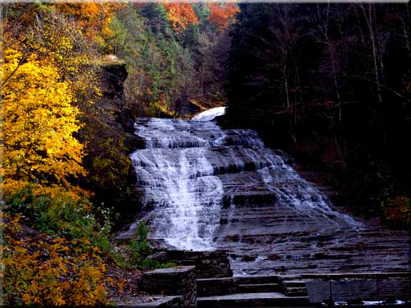 Slanting sunlight lighting up the fall leaves surrounding Buttermilk Falls, Ithaca, NY.
