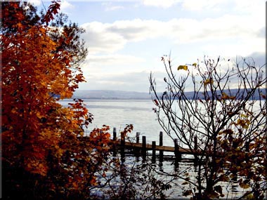 Looking down Cayuga Lake toward Ithaca, New York in autumn.