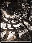Shadows casting a zig-zag pattern on a stoney path.