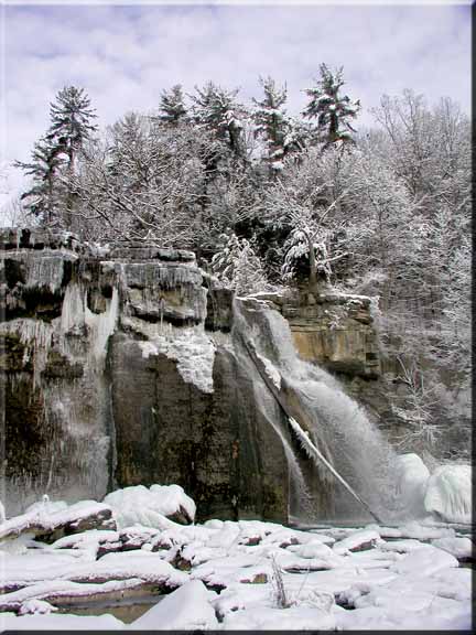 A winter view of Salmon Creek Falls at Ludlowville, NY.