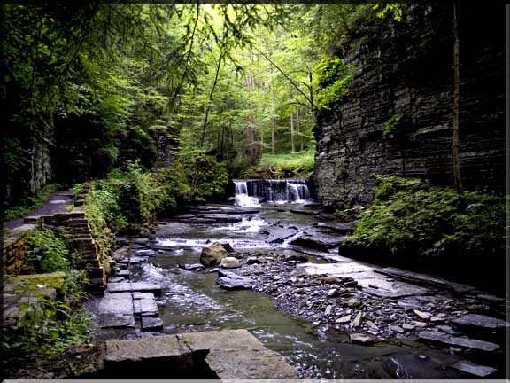 View of a waterfall shinning in the distance.