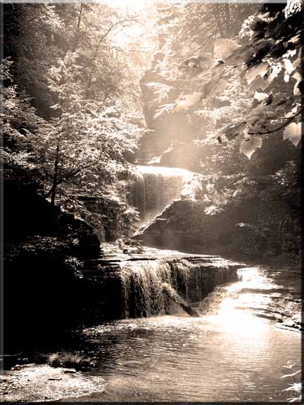 A sepis photograph of pper Buttermilk Falls Gorge.