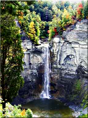 Sparks of fall color showing above Taughannock Falls.