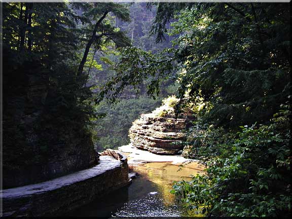 Morning sunlight shining above Lucifer Falls in Robert Treman State Park.