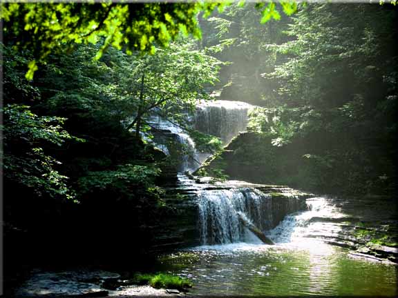 Mists rising above upper Buttermilk Falls, Ithaca, NY
