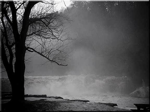Lower waterfall in Taughannock falls State park deep in snow fog.