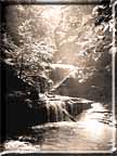Mist rising from a waterfall in Buttermilk Falls State Park, Ithaca, New York.